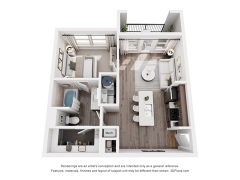 Floor plan for 1 bed, 1 bath, 624 sqft